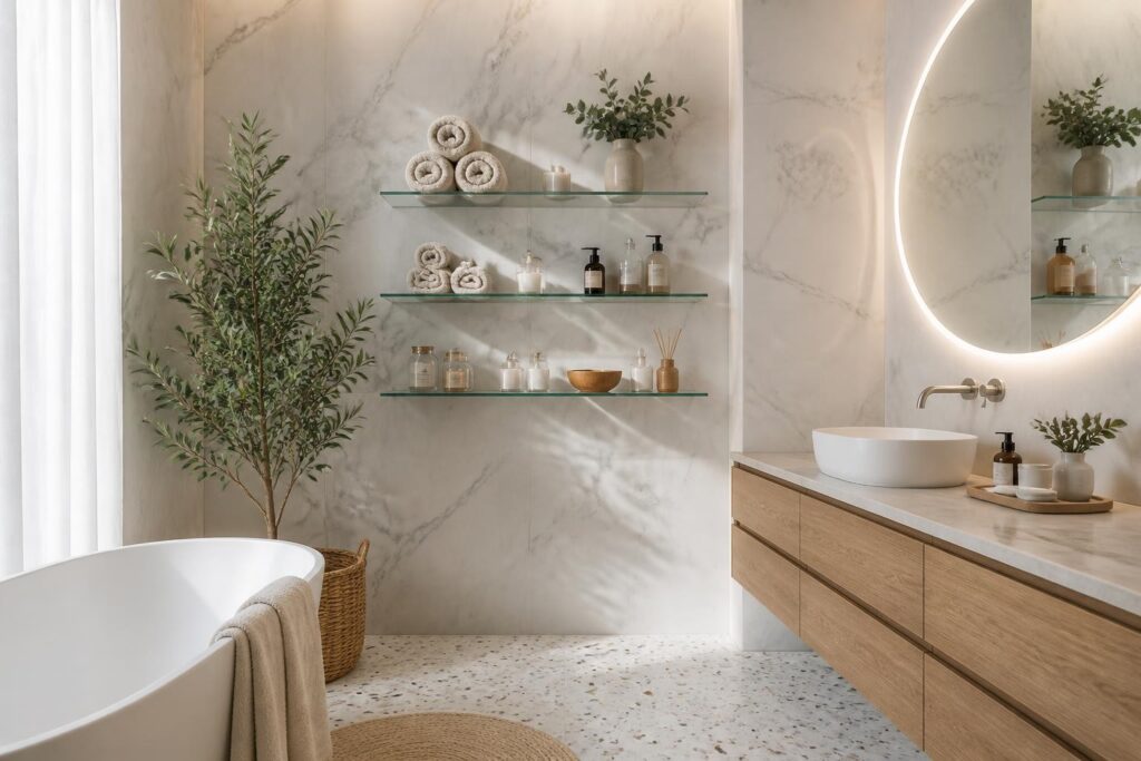 Featured image for: 10 Glass Floating Shelves Ideas for Modern Bathrooms