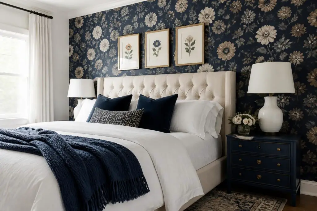 Featured image for: 10 Navy Floral Bedroom Ideas That Feel Sophisticated
