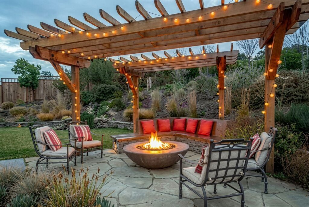 Featured image for: 10 Pergola and Gazebo Fire Pit Ideas for Magical Evenings