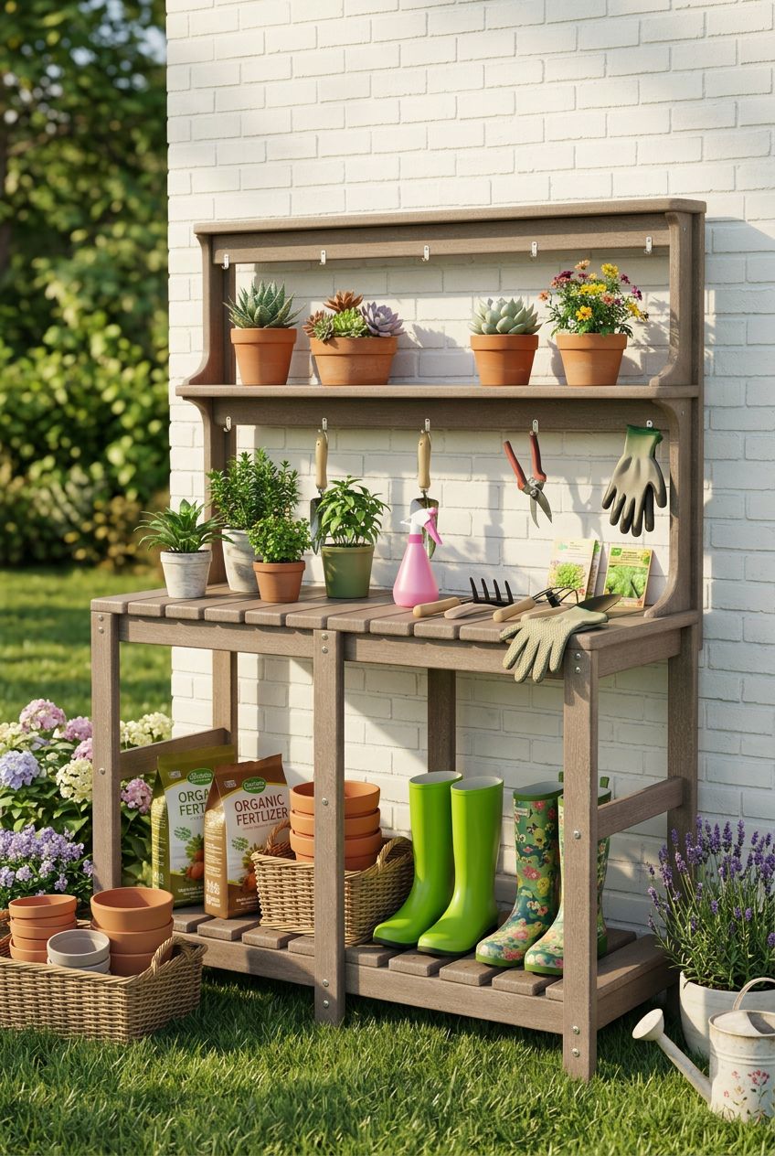Use the uploaded 3-tier outdoor potting bench exactly as the reference product, preserving its natural wood tone, two wide work surfaces, up.