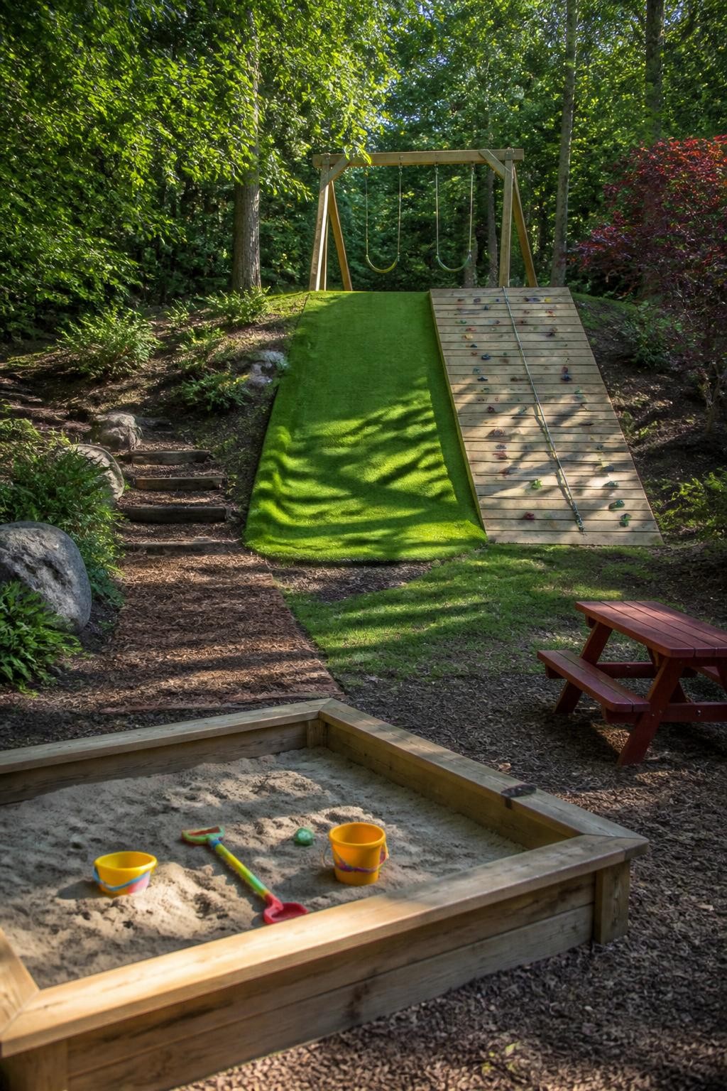 A dynamic backyard adventure hill blends nature and play, featuring a turf-covered slope for sliding, a robust wooden climbing wall with col.