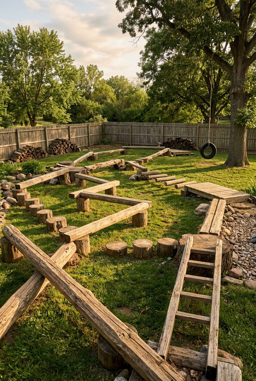 Depict a sprawling obstacle course with a wide variety of log beams, stumps, and low balance elements arranged over a grassy yard, framed by.