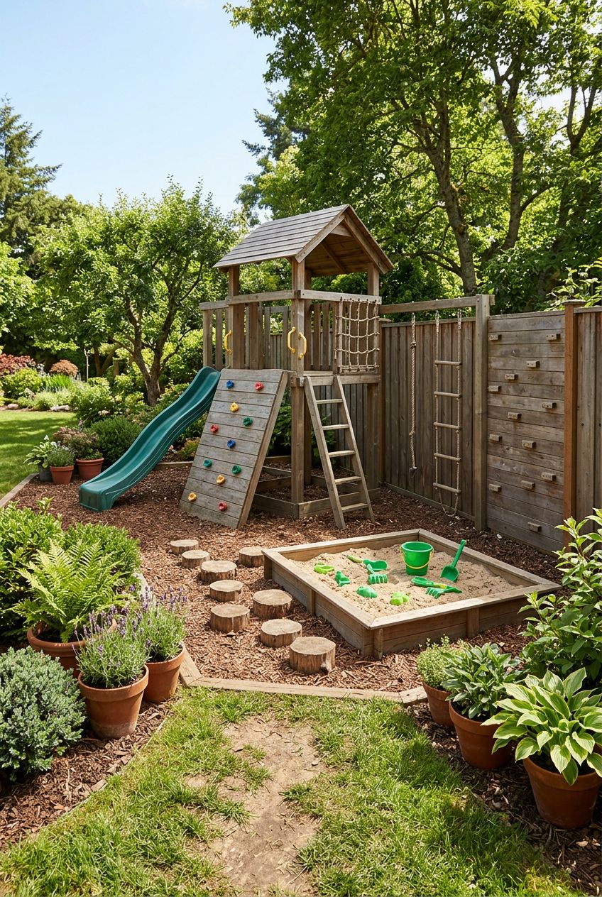 An action-packed backyard adventure play area featuring a medium-sized wooden sandbox alongside a wooden playset with a green slide, climbin.