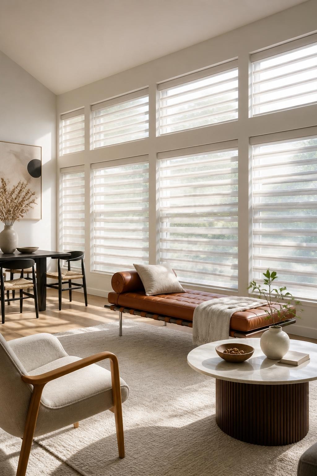 A modern great room with towering windows and multiple sets of contemporary horizontal sheer blinds, offering layers of light and shade.