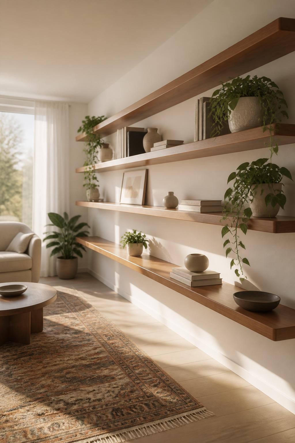 A light and airy minimalist living space with wide, long wood floating shelves running nearly the full length of a sun-washed wall.