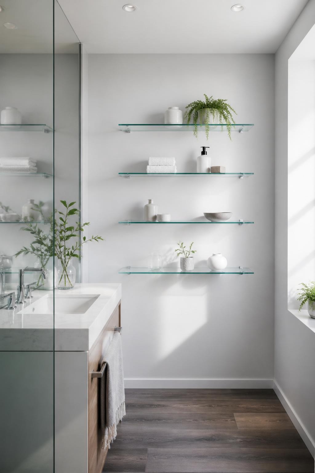 A minimalist retreat featuring four sleek, evenly spaced floating glass shelves on a soft-gray wall, flanking a crisp modern vanity with pol.
