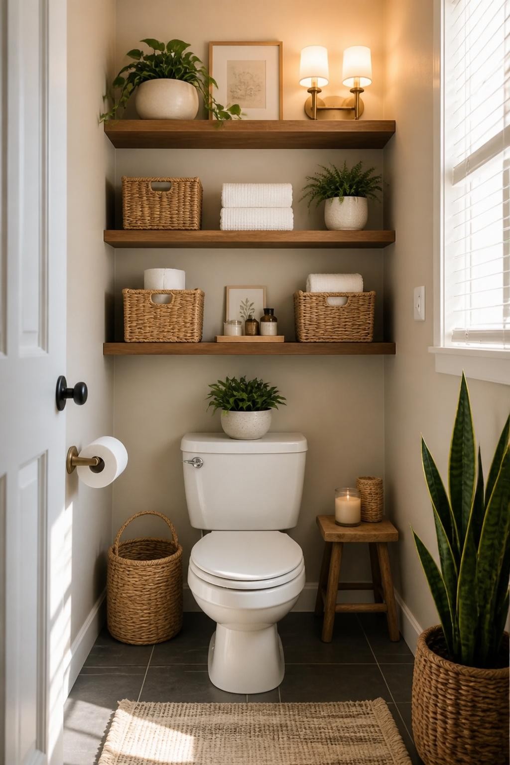 An airy neutral bathroom featuring a trio of chunky wood floating shelves above the toilet, each shelf fully styled with large woven baskets.