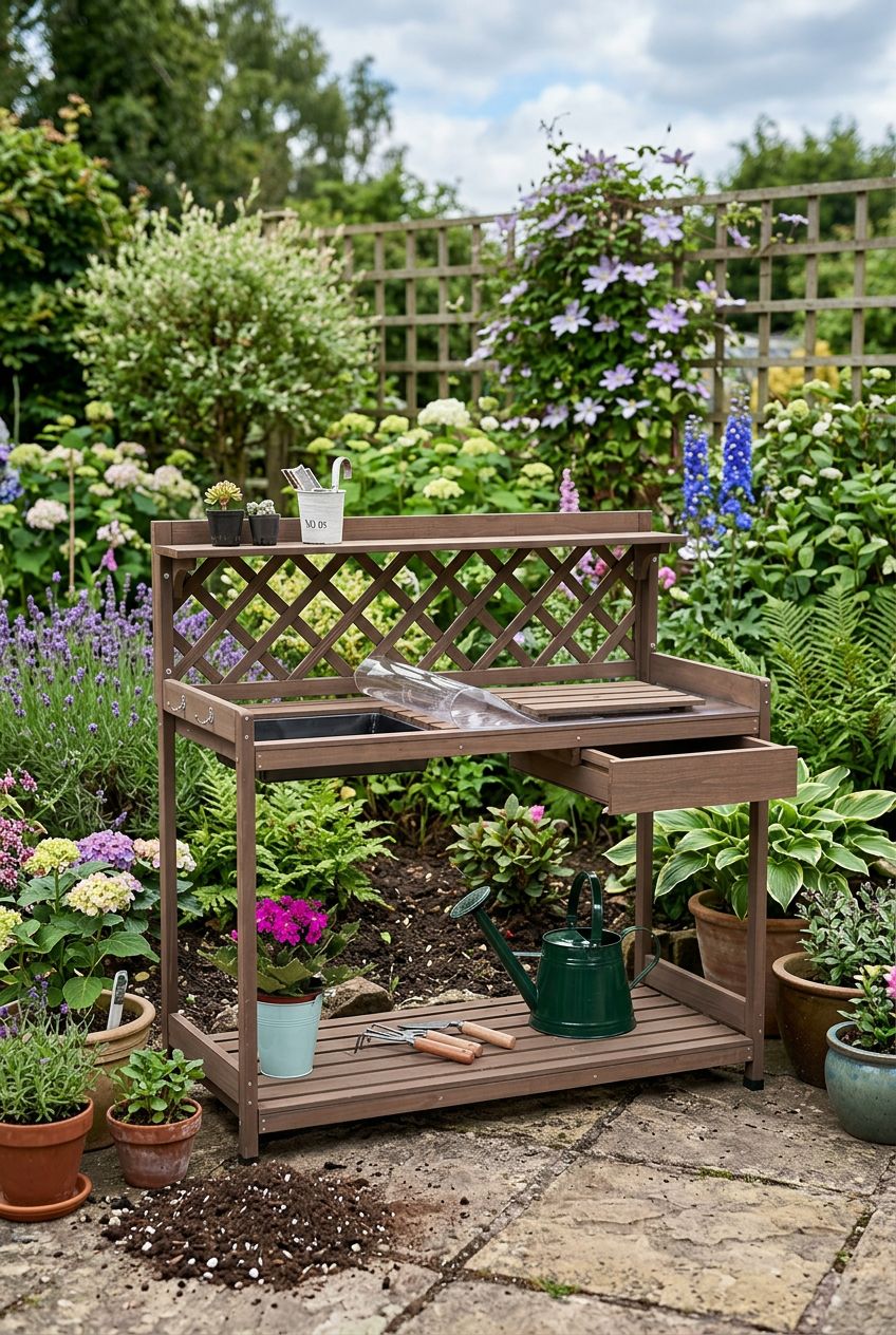Use the uploaded Aivituvin Potting Bench with PVC Layer exactly as the reference product, preserving its lattice back panel, tiered wooden s.