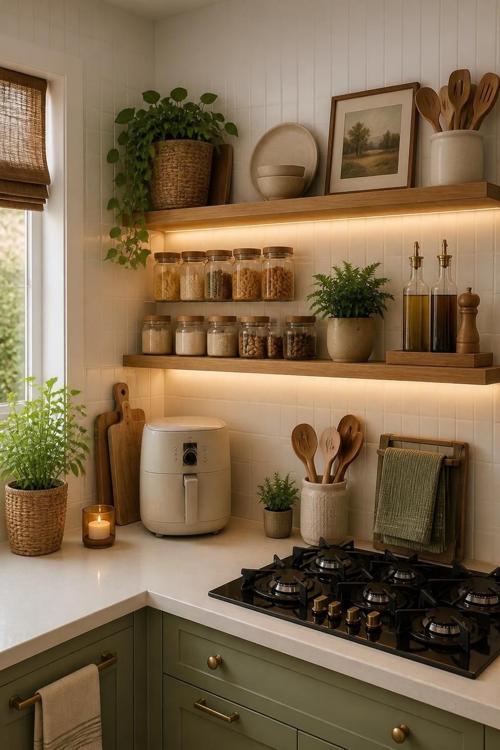 An inviting kitchen setup with warm wood open shelves lit by hidden LED under-lighting for an ambient glow.