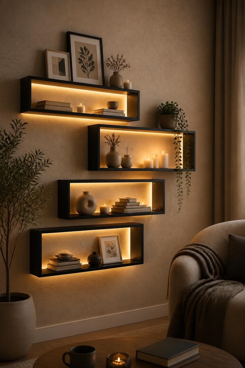 Capture a cozy book nook in a softly lit, neutral room featuring four box-style floating shelves in matte black, each backlit with gentle wa.