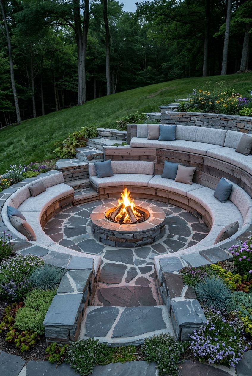Showcase an amphitheater-inspired sunken fire pit wrapped in stacked stone walls and plush built-in benches with pale neutral cushions.