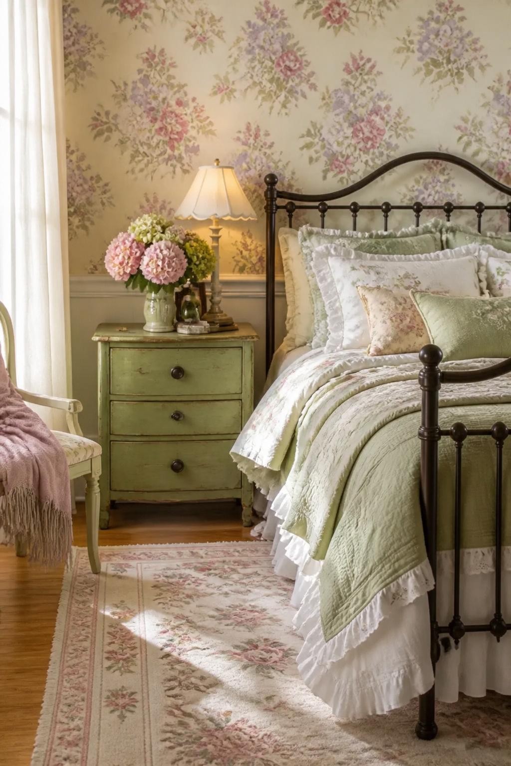 Celebrate a floral farmhouse look with an antique green-painted nightstand, artfully distressed for patina, positioned beside a traditional.