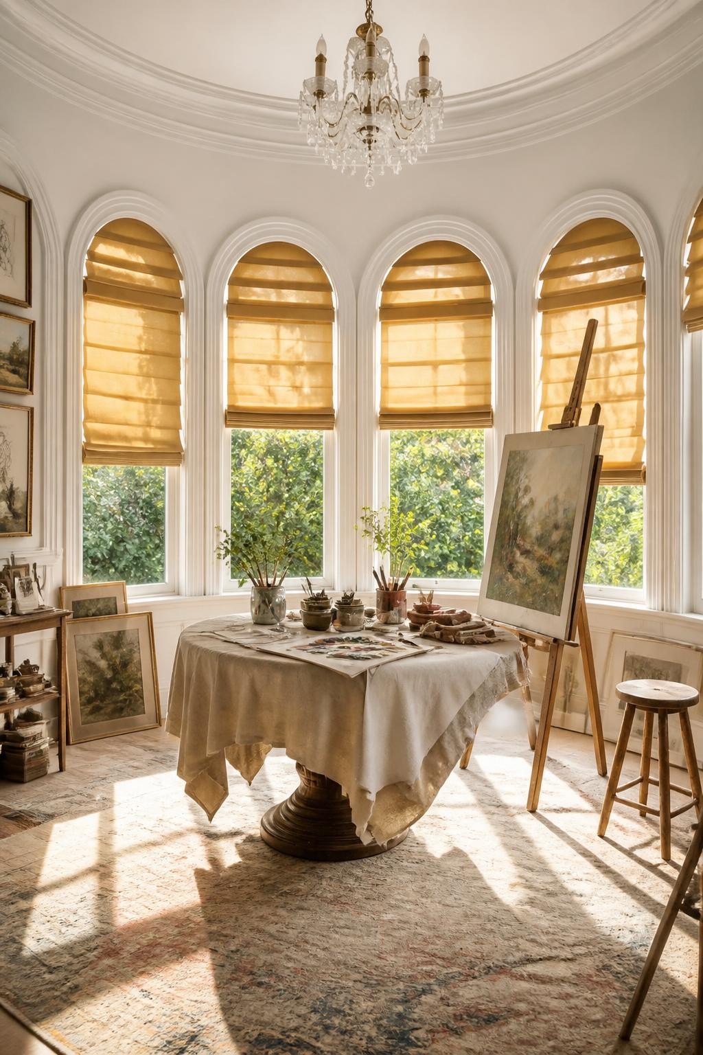 An inspiring, semicircular art studio bound by five arched windows, each dressed in elegant golden Roman shades that glow in filtered aftern.