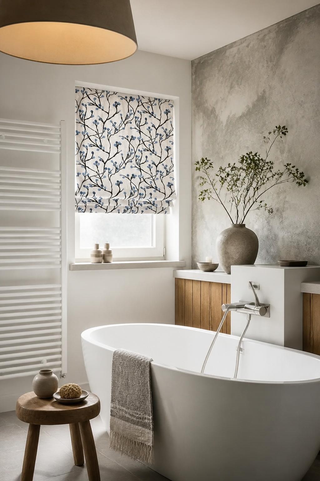 A captivating modern bathroom with an artistic flair, featuring a small window adorned with a botanical patterned Roman blind in soft whites.