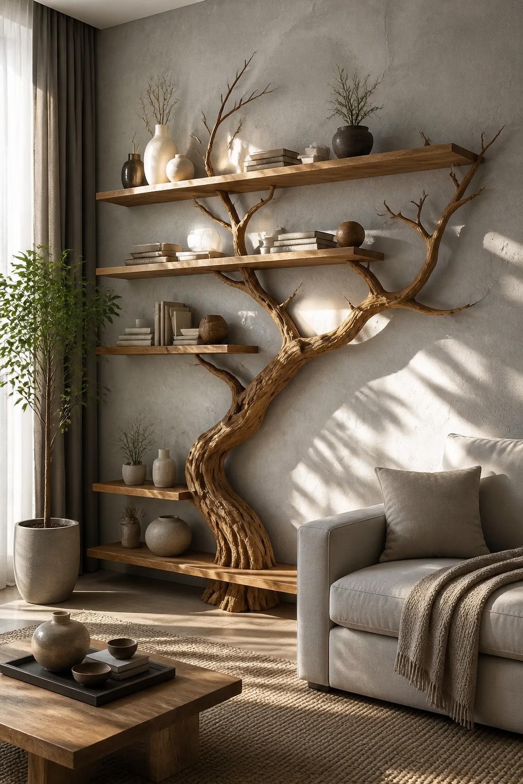 Highlight an artistic, nature-inspired living room with floating wood shelves apparently 'grown' from a dramatic sculptural tree branch embe.
