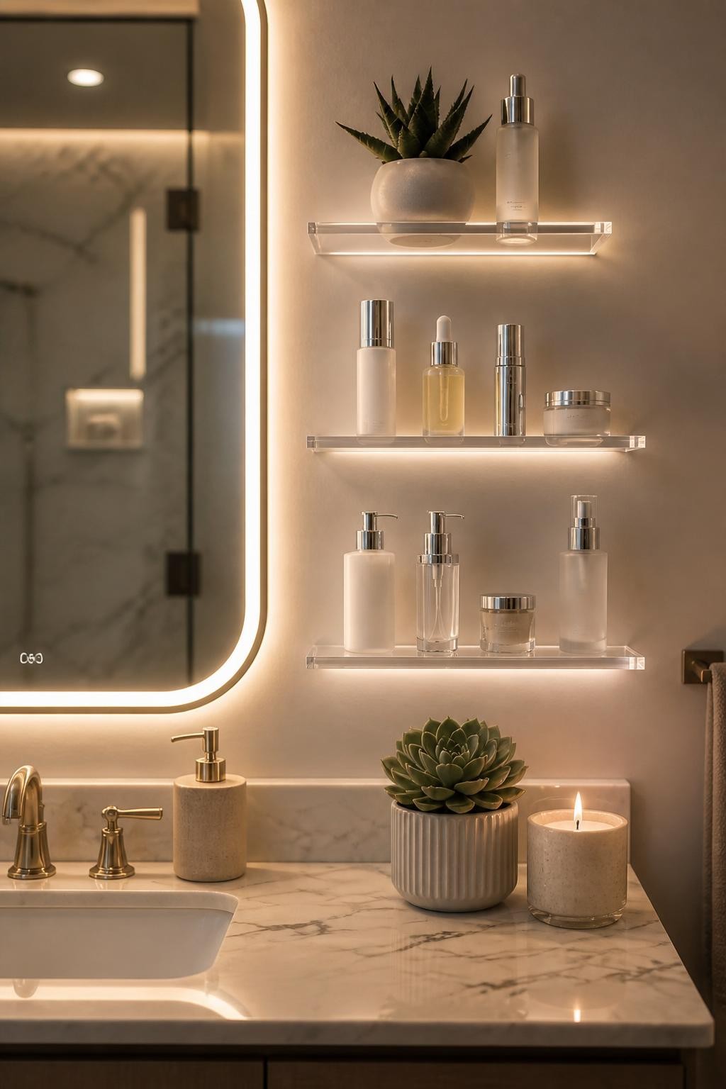 A glamorous bathroom vanity highlighted by backlit floating glass shelves and a softly glowing mirror, creating a relaxing and sophisticated.