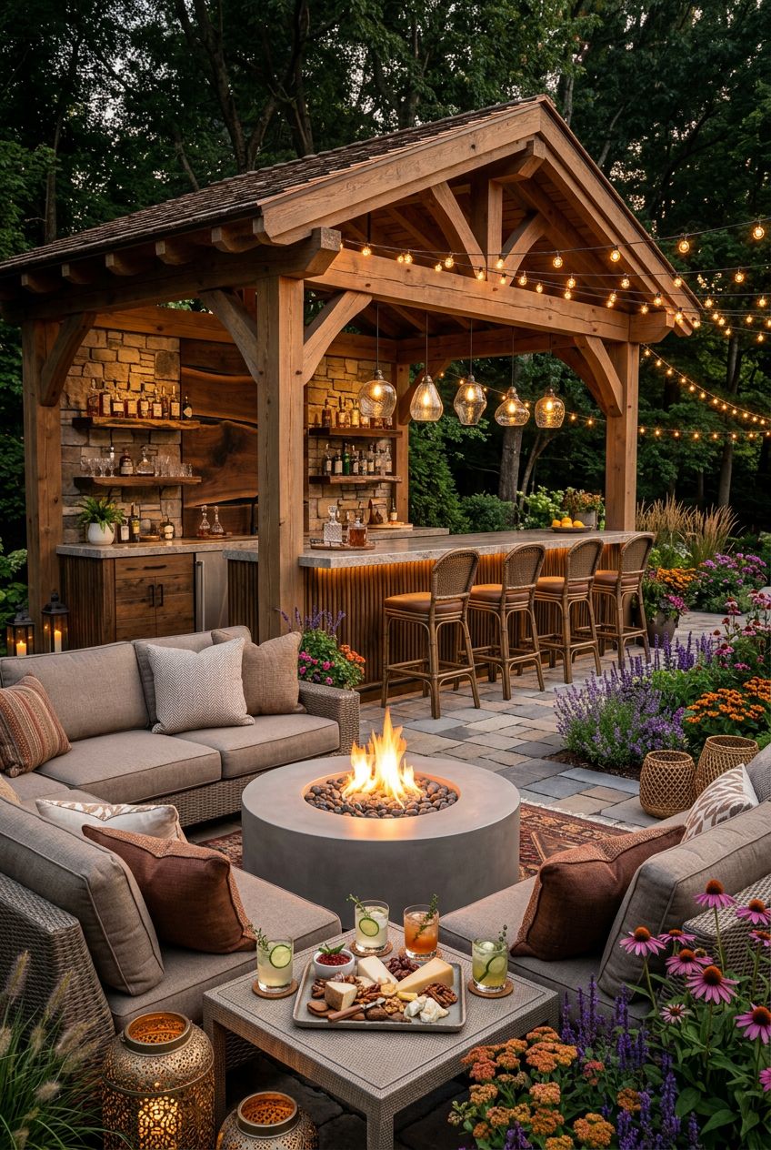 A luxurious backyard bar under a wooden pavilion, seamlessly blending stone, wood, and greenery in a chic entertaining area.