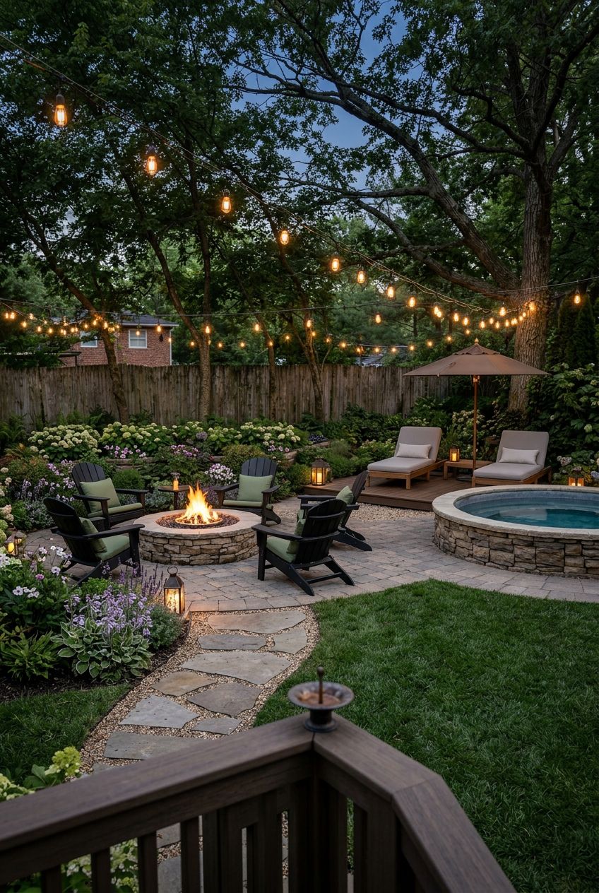 A lush backyard oasis with layered landscaping, pairing a round stone spa pool with an adjacent circular stone fire pit surrounded by classi.