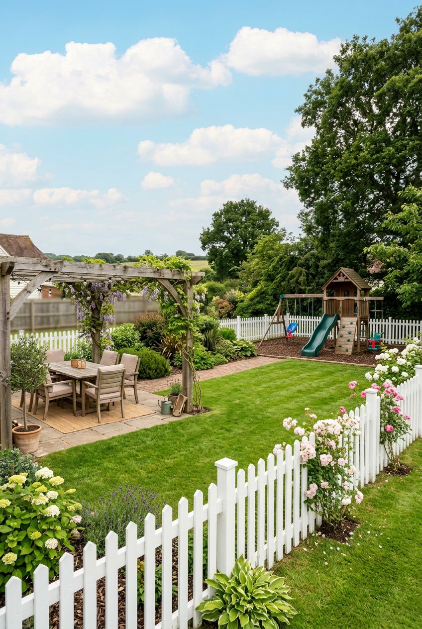 An expansive, sun-drenched yard pairs a pristine white picket fence with a welcoming wooden pergola patio and a distant children’s playset.