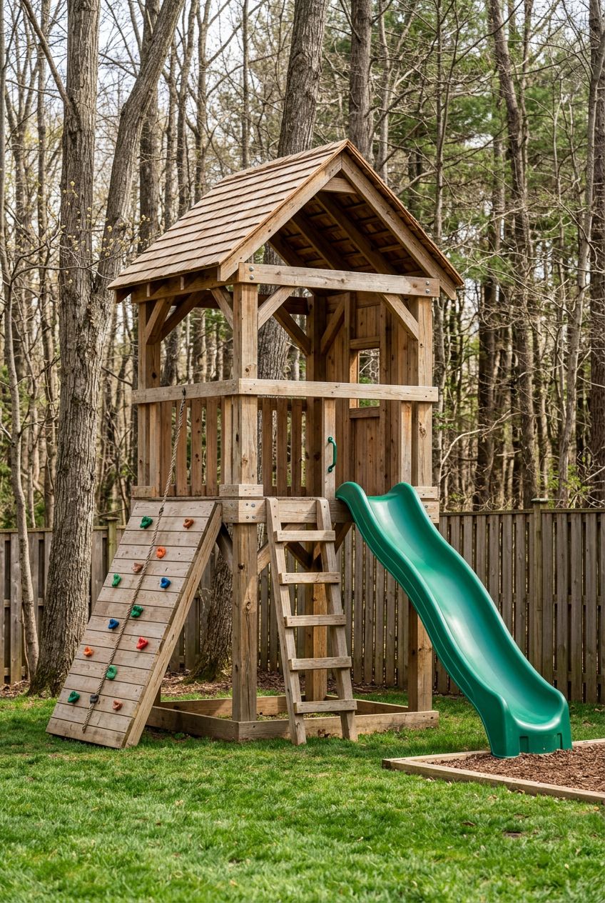Highlight a large DIY backyard play tower made from unfinished timber, combining a robust climbing wall with a cheerful green slide.