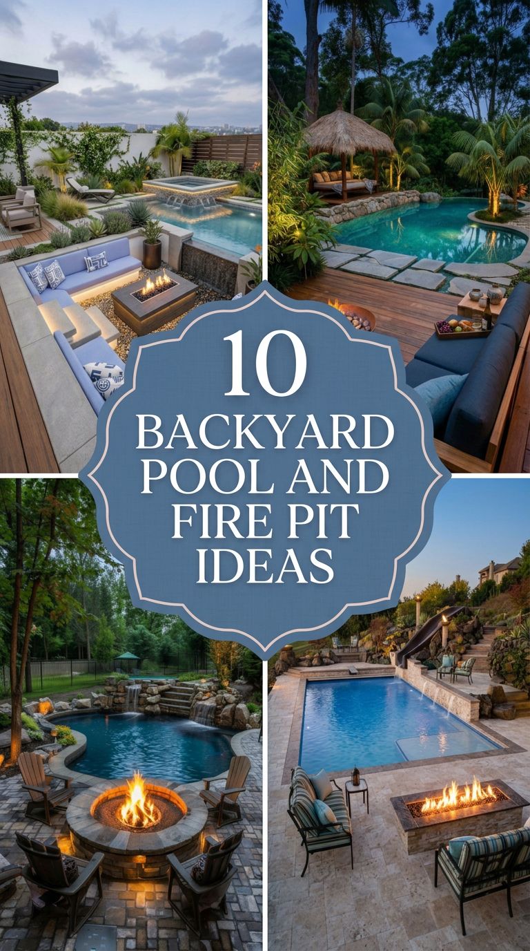 Pinterest banner for 10 Backyard Pool and Fire Pit Ideas for Modern Outdoor Living