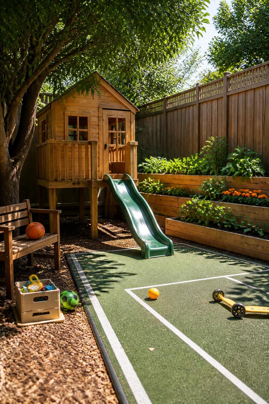 A multi-functional backyard setup with a compact wooden playhouse and attached slide as the main play zone, seamlessly integrated into the e.