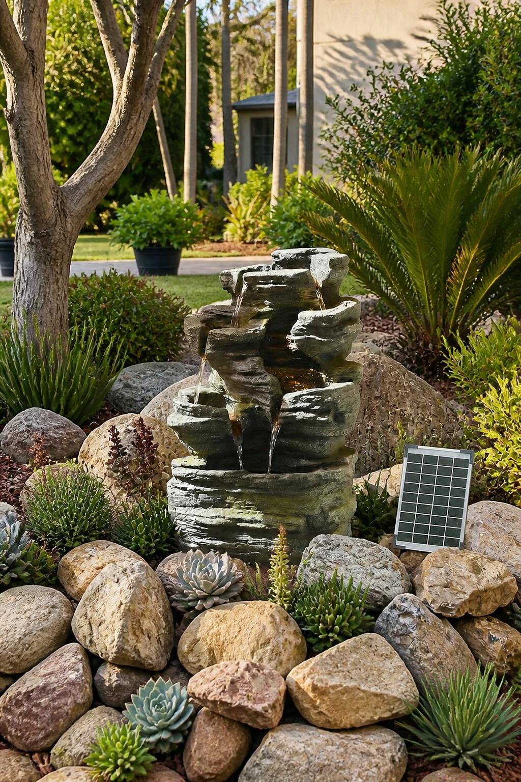 Use the uploaded 6-tier rock waterfall fountain exactly as the reference product, preserving its jagged stone shapes, cascading water channe.