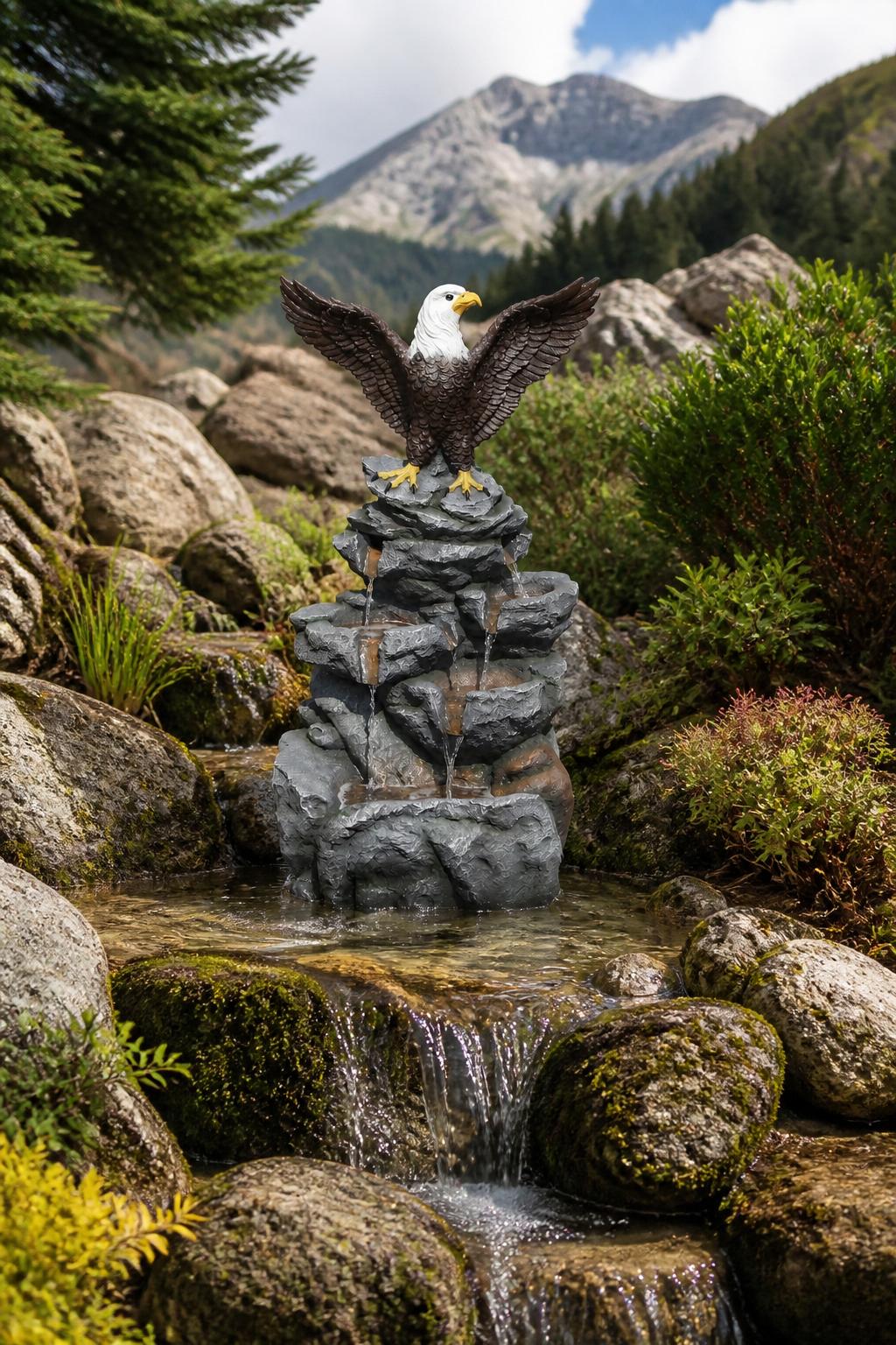 Use the uploaded Bald Eagle Statue Outdoor Fountain exactly as the reference product, keeping its eagle perched atop rugged, multi-level roc.