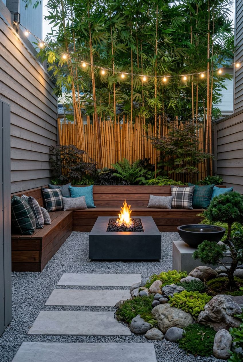 Capture a private urban oasis corner with tall bamboo screens for privacy and a minimalist concrete fire pit anchoring the space.