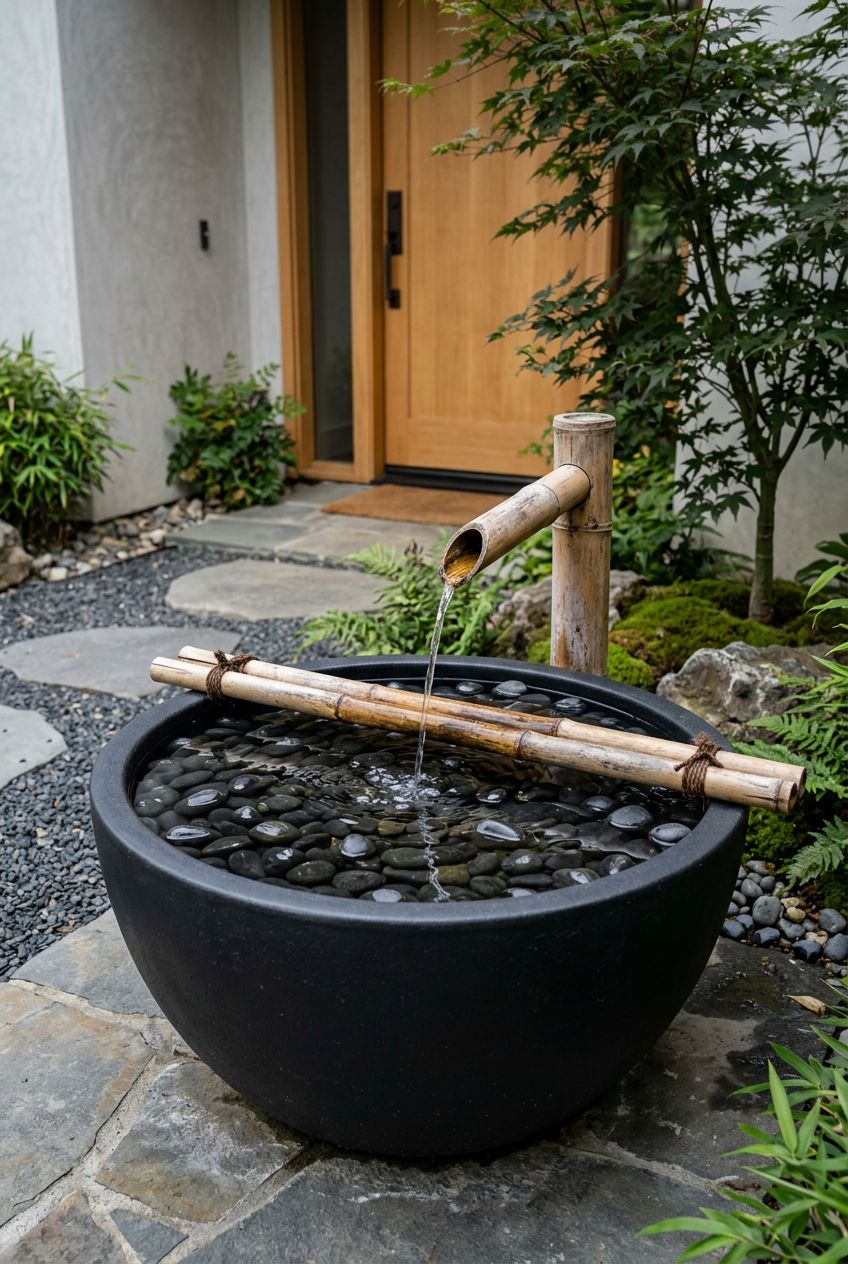 Create a calming entryway fountain using a large matte black planter filled with water and polished black river stones.