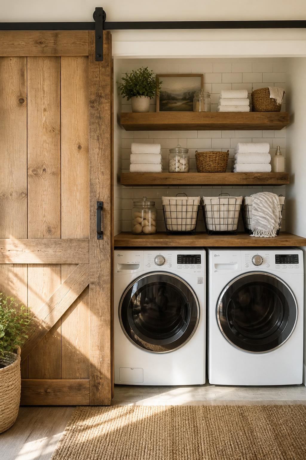 A cozy laundry area tucked behind a rustic sliding barn door, centered around two chunky wood floating shelves.