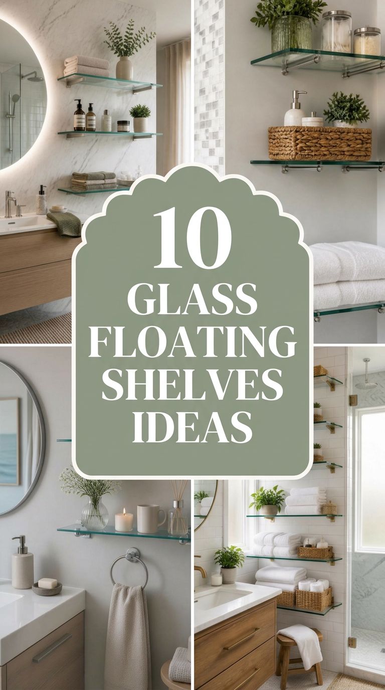 Pinterest banner for 10 Glass Floating Shelves Ideas for Modern Bathrooms