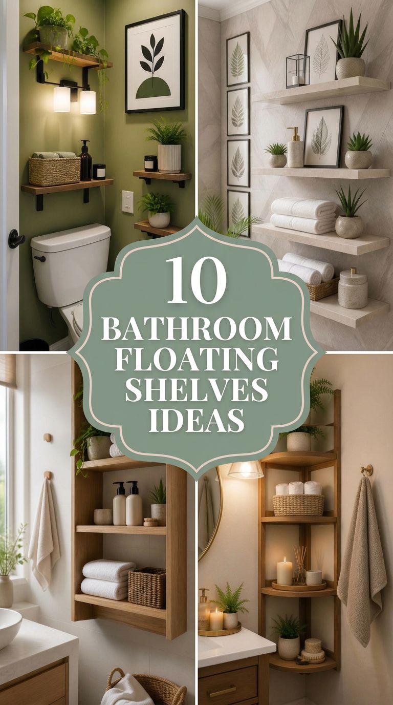 Pinterest banner for 10 Bathroom Floating Shelves Ideas for Extra Storage