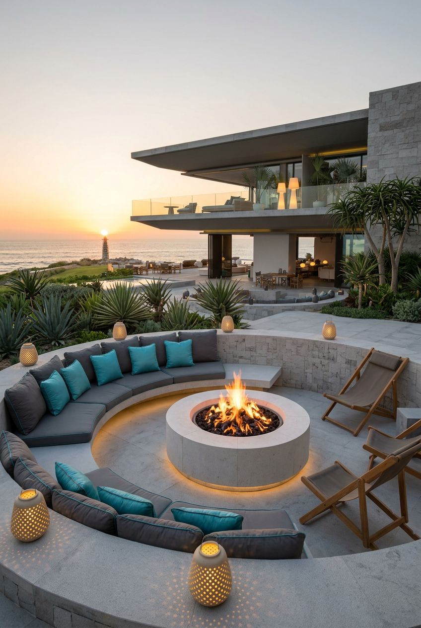 Feature a luxurious, resort-inspired sunken fire pit area facing the ocean, built entirely of pale, smooth stone.