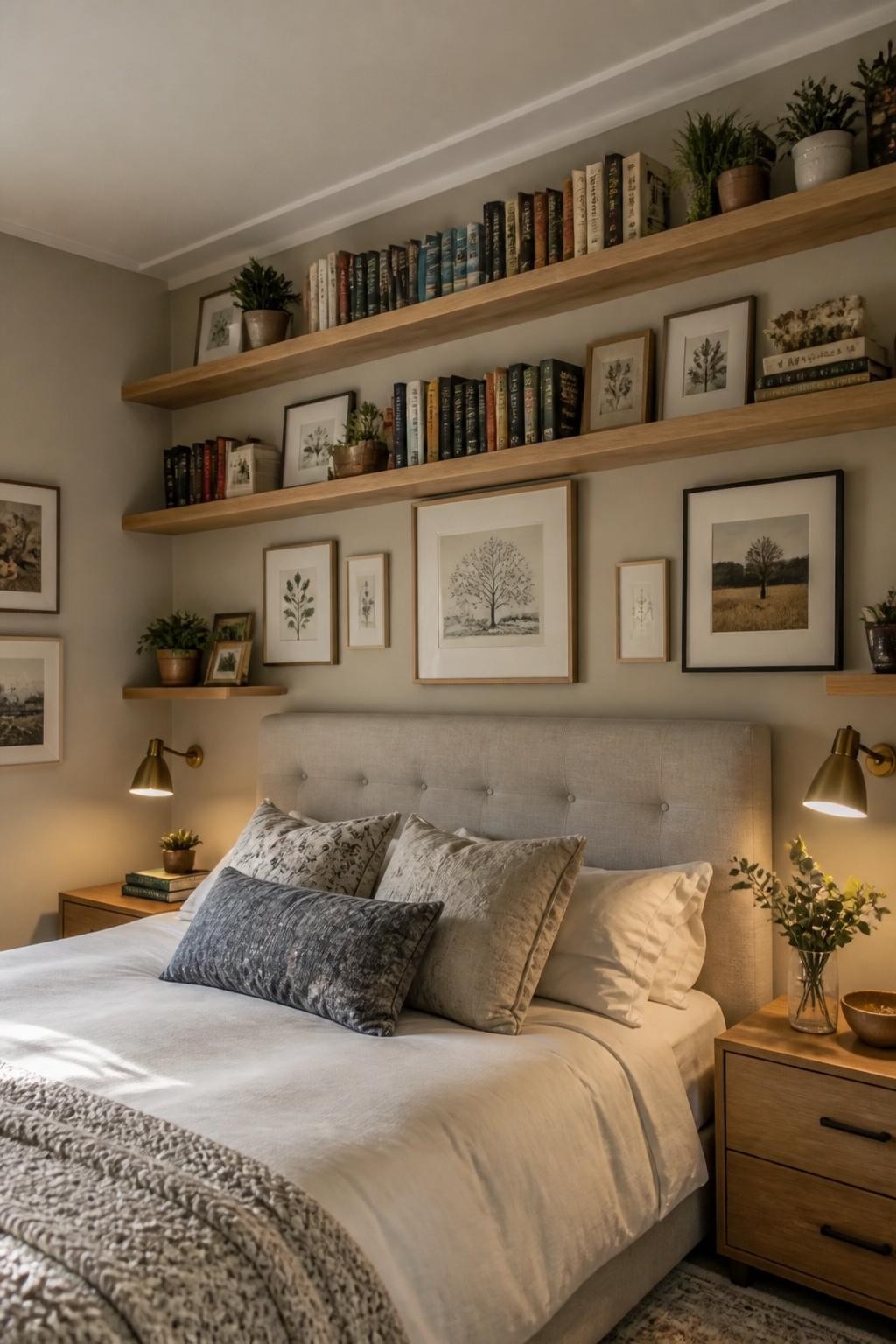 An inviting bedroom merges comfort with creativity by installing floating oak shelves above a plush upholstered headboard.