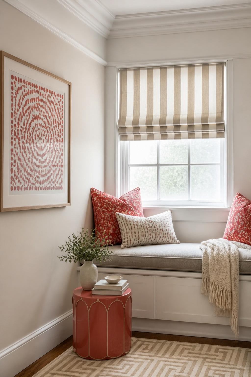 A playful transitional alcove corner, anchored by a small window fitted with a beige striped Roman shade.