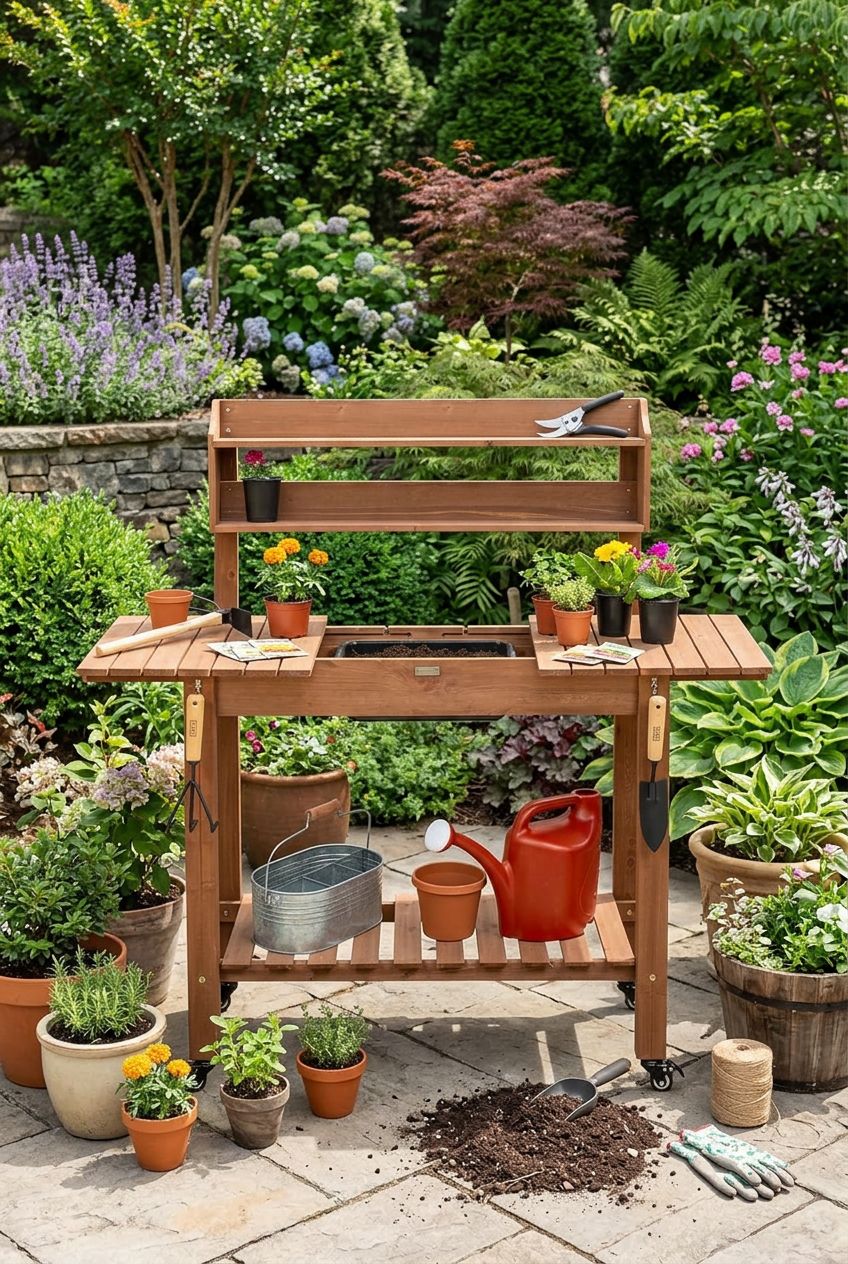 Use the uploaded Best Choice Products Mobile Garden Potting Bench exactly as the reference product, ensuring the natural wood color, raised.