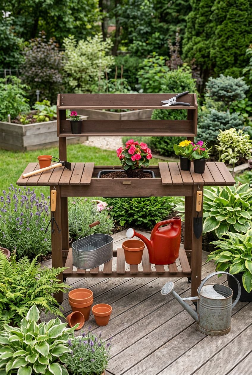 Use the uploaded Best Choice Products Mobile Garden Potting Bench exactly as the reference product, keeping its distinctive wood slat design.