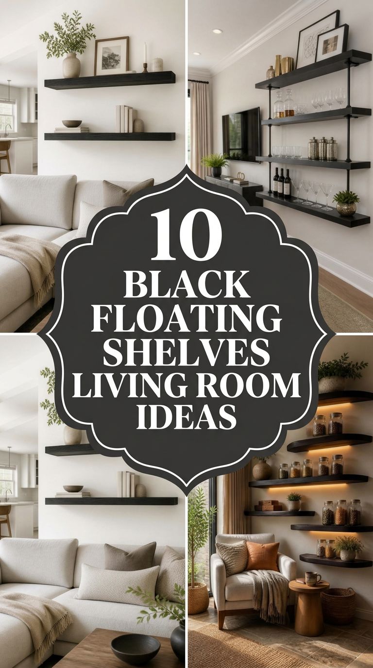 Pinterest banner for 10 Black Floating Shelves Living Room Ideas for Modern Chic Style