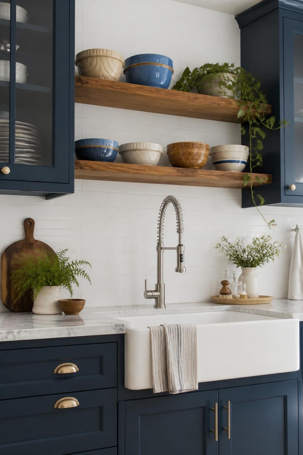 A modern-meets-rustic kitchen with matte navy blue shaker cabinets, open floating shelves in medium-stained wood, and a crisp white subway t.