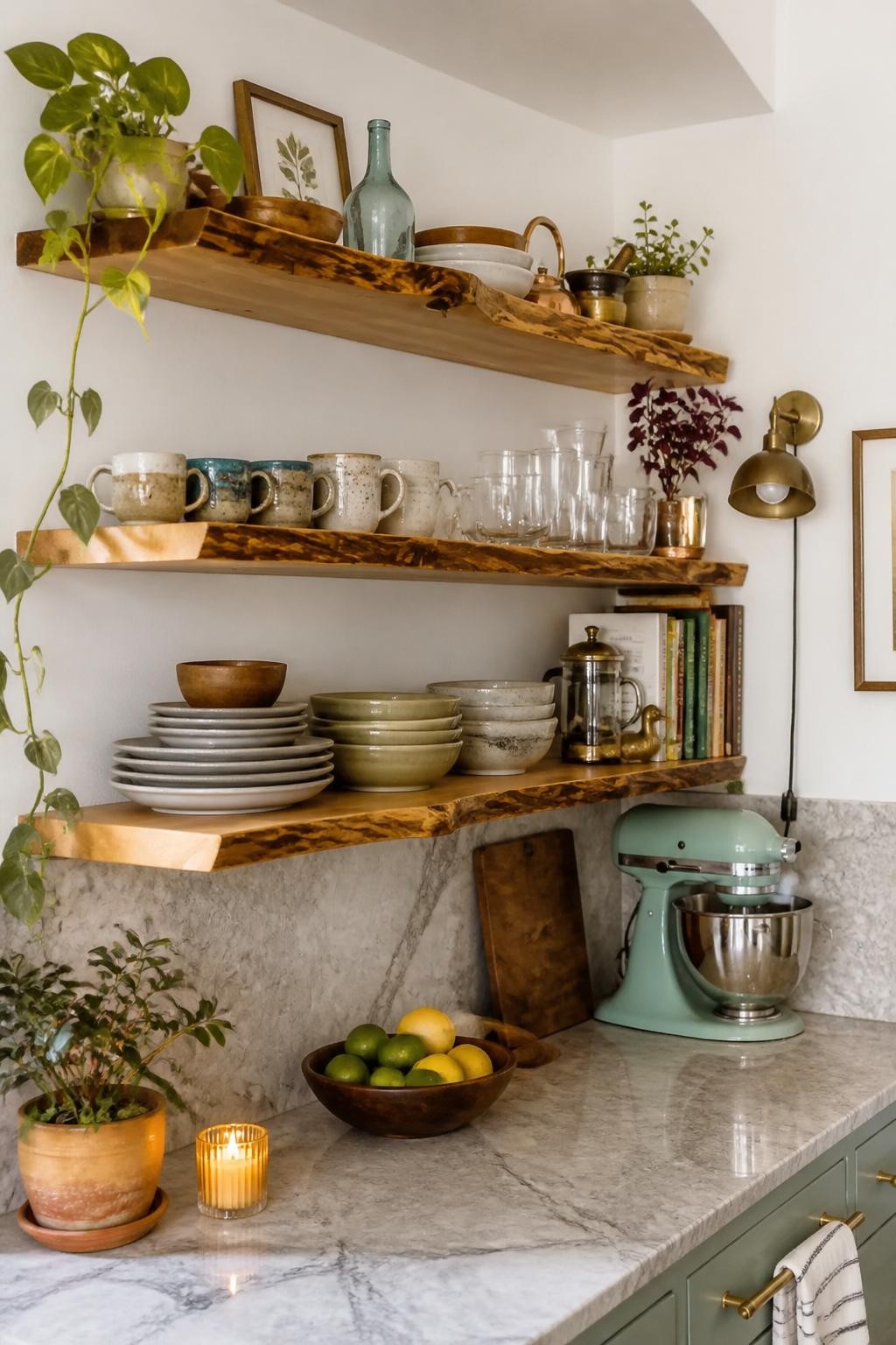 Eclectic boho-chic kitchen corner where live-edge wooden floating shelves provide a raw, organic look against the veined marble backsplash.