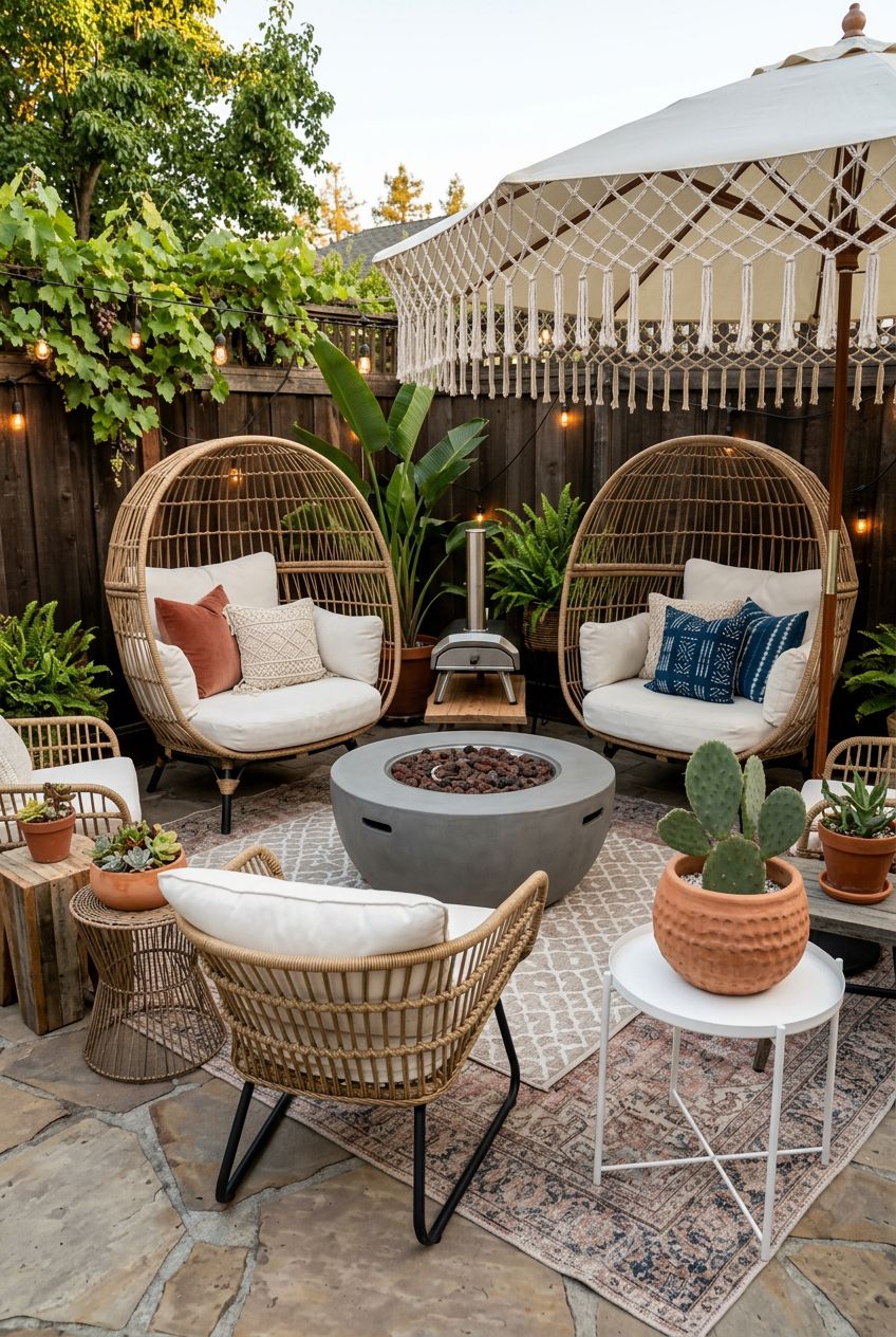 An eclectic boho patio creates a welcoming retreat, blending a modern concrete fire pit with casual woven rattan chairs and a large egg-shap.
