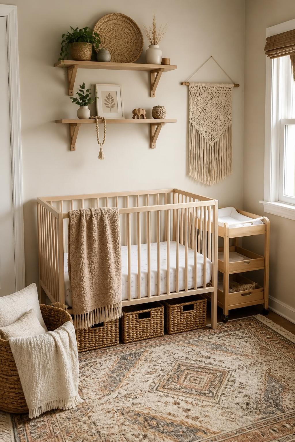 A soothing bohemian nursery corner featuring open wooden floating shelves with visible brackets on a creamy white wall above a minimalist wh.