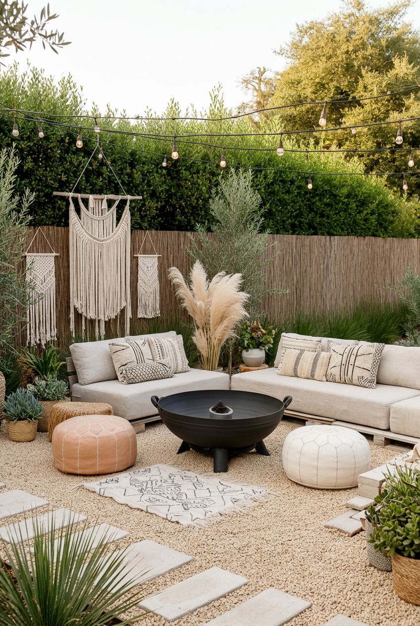 A curated boho fire pit lounge sits atop pea gravel, centered around a matte black metal bowl fireplace.
