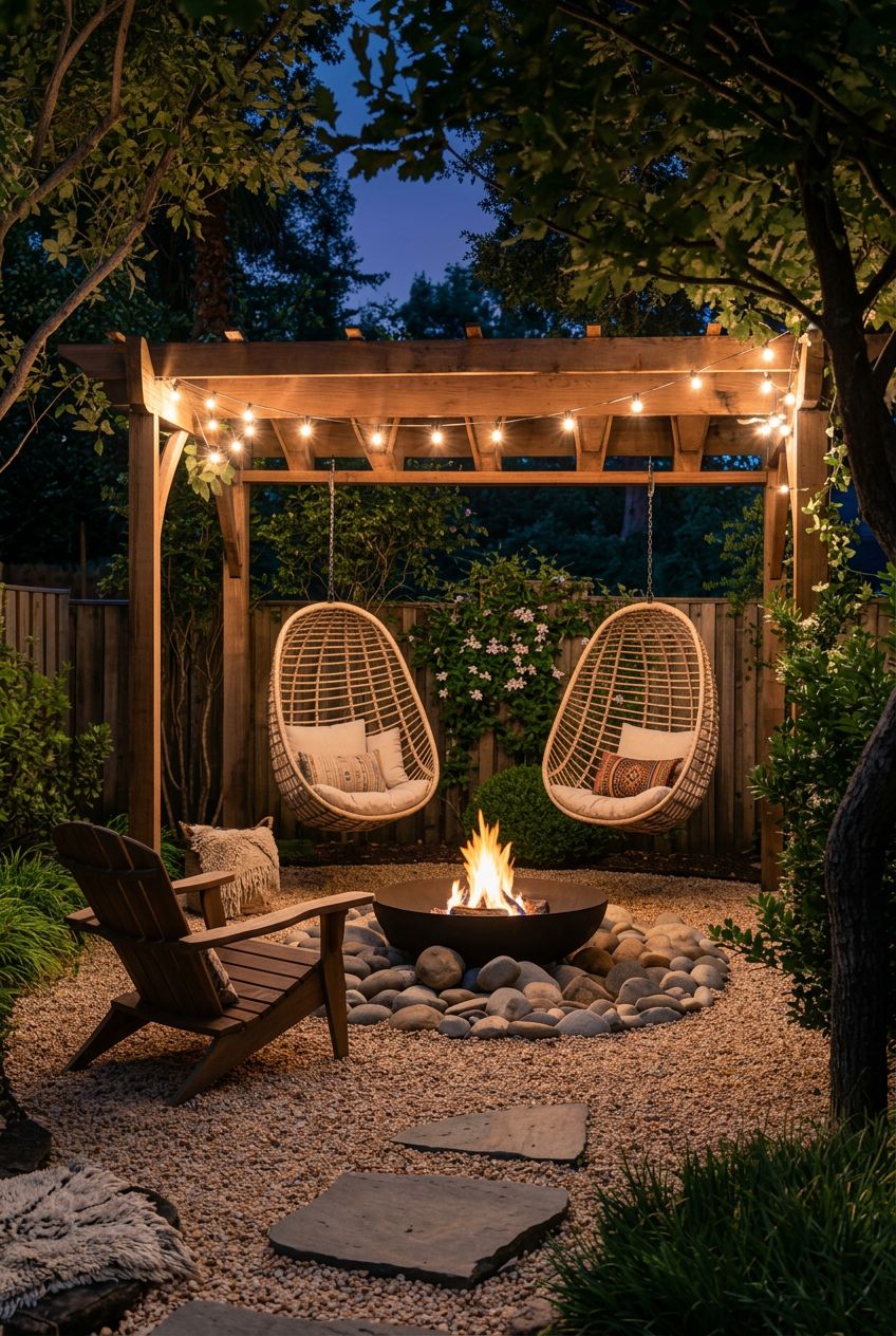 A boho-inspired retreat featuring woven rattan egg swings suspended beneath an open pergola, both facing a bold, minimalist fire bowl surrou.