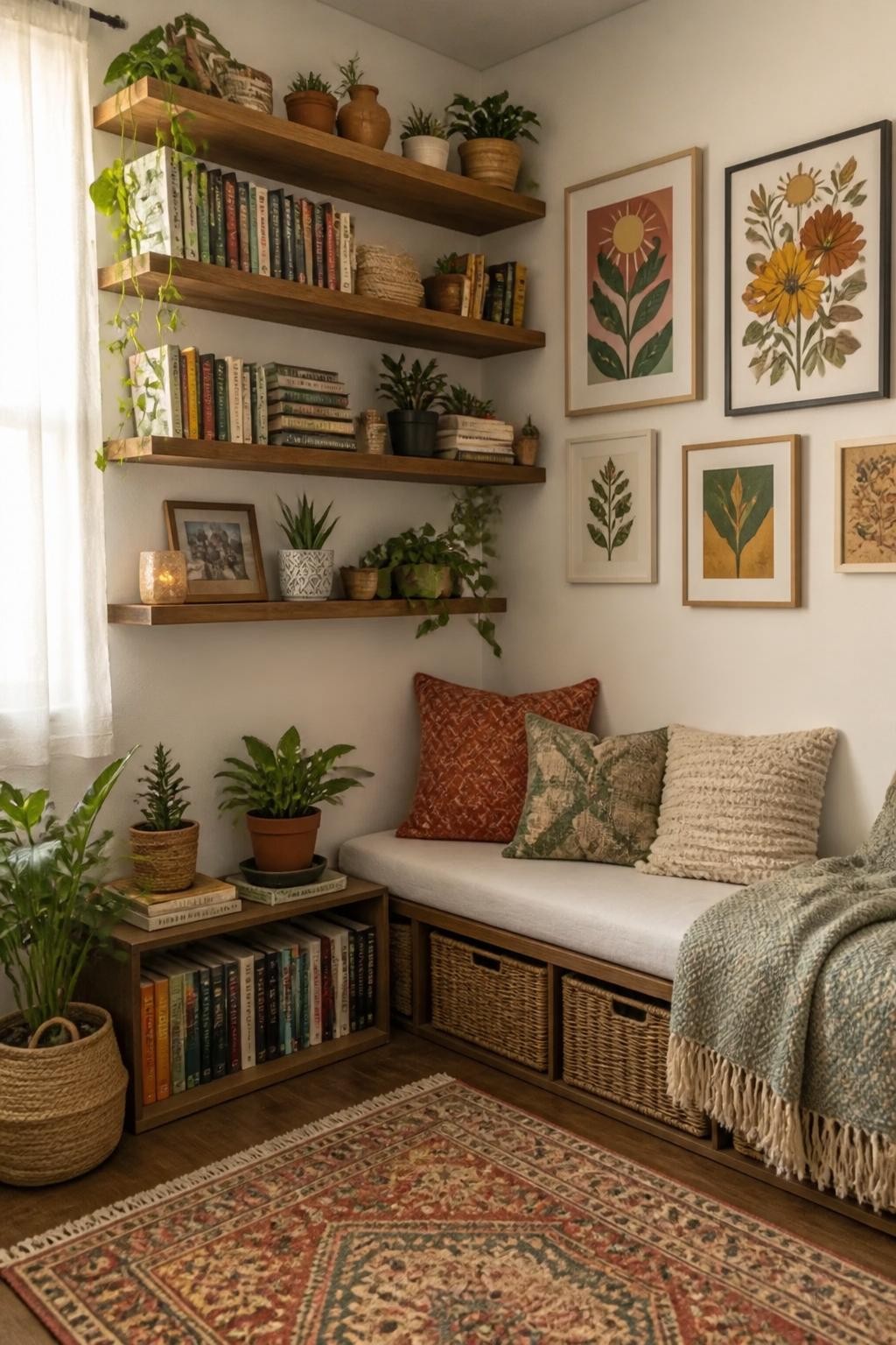 A bohemian-inspired reading nook is brought to life with natural wood floating shelves, a mix of textured pillows, and abundant trailing hou.
