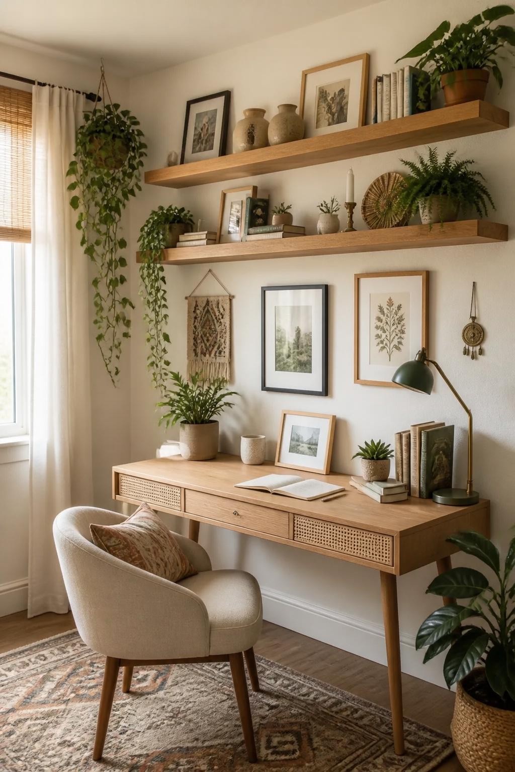 This boho-inspired home office fuses modern white furniture with thick, warm floating timber shelves adorned with scattered art, trailing ho.