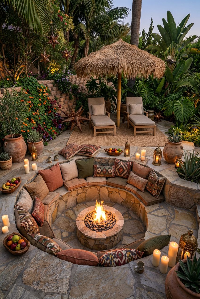 A bohemian-inspired sunken fire pit patio crafted from natural stone, featuring a round fire bowl set into the earth and surrounded by curva.