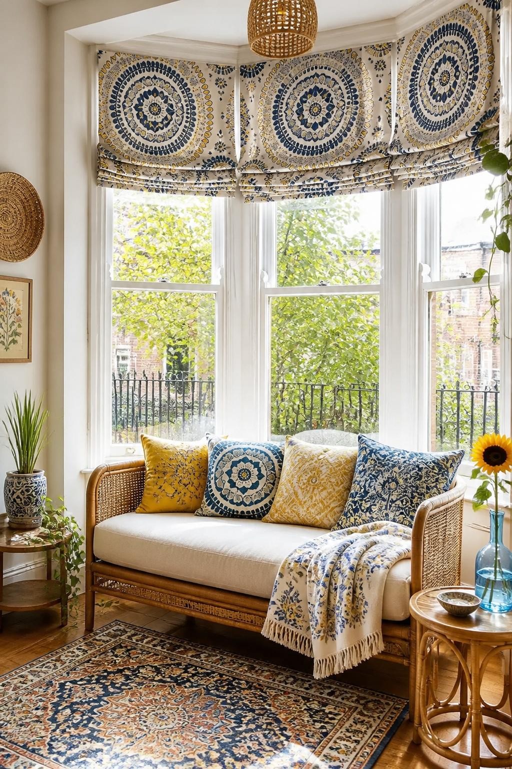 An eclectic, bohemian bay window nook with roman blinds in intricate blue and ochre patterned fabric.