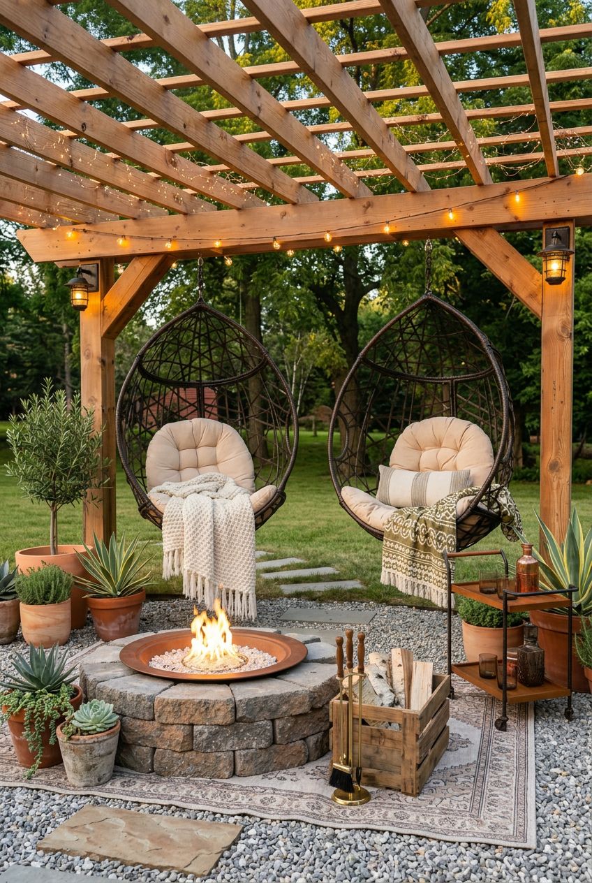 Create a bohemian-inspired outdoor fire pit scene beneath a natural wood pergola, with two hanging wicker egg chairs as the playful centerpi.